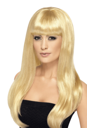 Peruka -  długie, blond, proste włosy z grzywką