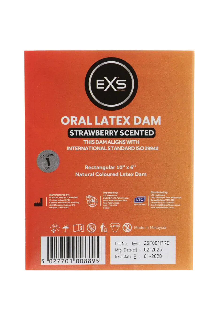 Truskawkowa prezerwatywa oralna EXS – bariera lateksowa do seksu oralnego - 1 sztuka