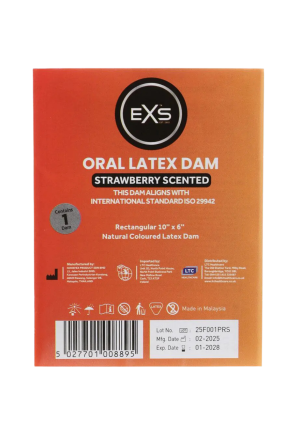 Truskawkowa prezerwatywa oralna EXS – bariera lateksowa do seksu oralnego - 1 sztuka