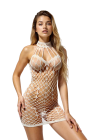 Biała mini sukienka bodystocking z dużą siateczką i odkrytymi plecami