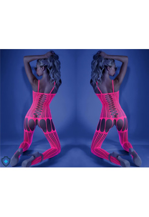 Hipnotyzujący, świecący w świetle UV bodystocking w neonowym różu