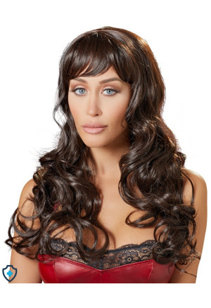 Peruka - długie kręcone włosy z grzywką, ciemny brąz, długość ok. 55 cm