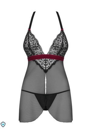 Babydoll i stringi z kontrastującą, welurową tasiemką w kolorze bordo
