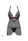 Babydoll i stringi z kontrastującą, welurową tasiemką w kolorze bordo