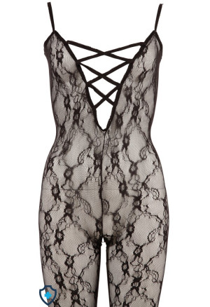 Czarne, wzorzyste bodystocking z wiązaniem na biuście