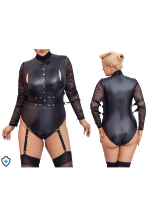 Podniecające body z uprzężami oraz suwakiem w kroku - Plus Size