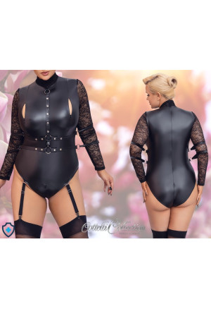 Podniecające body z uprzężami oraz suwakiem w kroku - Plus Size