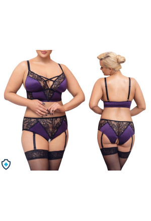 Piękny, uwodzicielski komplet bielizny z fioletowej satyny z elementami koronki - Plus Size