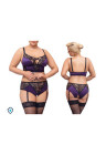 Piękny, uwodzicielski komplet bielizny z fioletowej satyny z elementami koronki - Plus Size