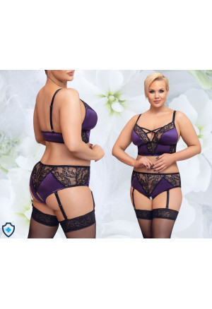 Piękny, uwodzicielski komplet bielizny z fioletowej satyny z elementami koronki - Plus Size