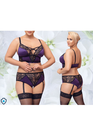 Piękny, uwodzicielski komplet bielizny z fioletowej satyny z elementami koronki - Plus Size