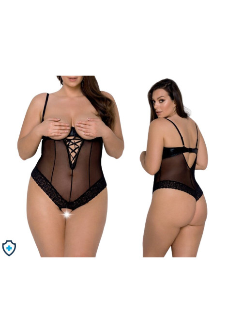 Luksusowe, odważne body z otwartym krokiem i odsłoniętym biustem - Plus Size
