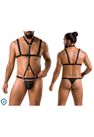 Wyzywający, czarny harness ze stringami