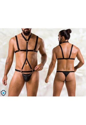 Wyzywający, czarny harness ze stringami