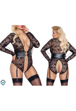 Zmysłowe, koronkowe body z długim rękawem i elementami bondage - Plus Size