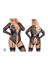 Zmysłowe, koronkowe body z długim rękawem i elementami bondage - Plus Size