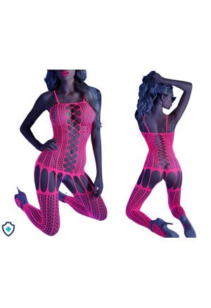 Hipnotyzujący, świecący w świetle UV bodystocking w neonowym różu