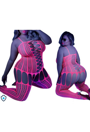 Hipnotyzujący, świecący w świetle UV bodystocking w neonowym różu - Plus Size