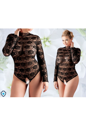 Wyjątkowe body z kwiecistej koronki oraz otwartym krokiem - Plus Size