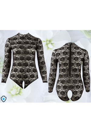 Wyjątkowe body z kwiecistej koronki oraz otwartym krokiem - Plus Size