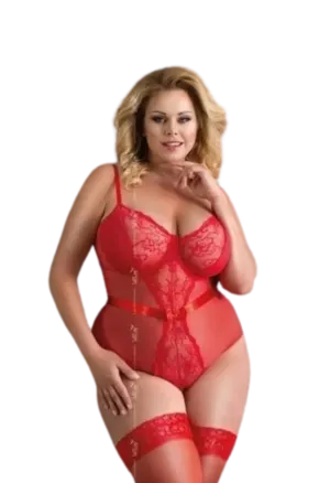 Zmysłowe body z otwartym krokiem - plus size, czerwone