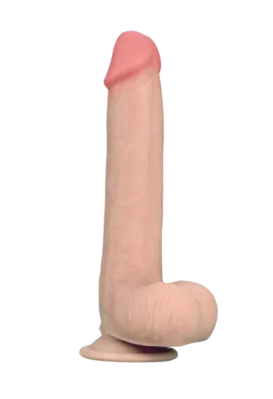 Cieliste dildo z jądrami i przyssawką - przesuwana skóra