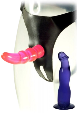 Strap-on z dwoma wymiennymi końcówkami i otwartym krokiem
