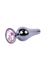 Metalowy plug z różowym kryształem, chromowy