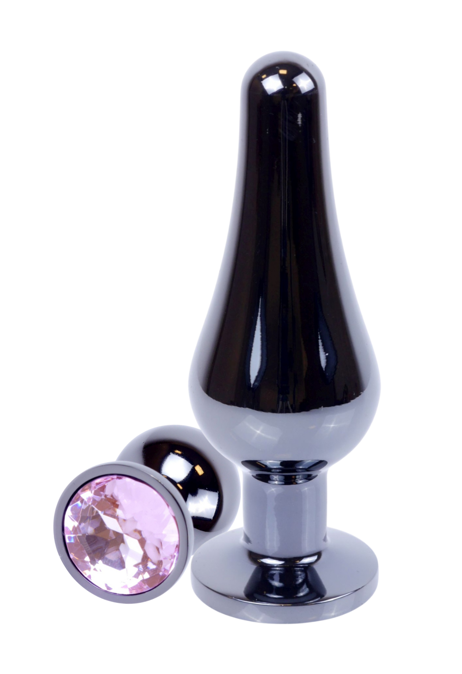 Metalowy plug z różowym kryształem, chromowy