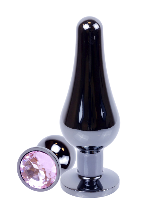 Metalowy plug z różowym kryształem, chromowy