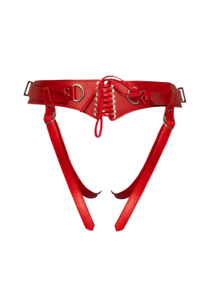 Czerwony strap-on w stylowym skórzanym wyglądzie ze sznurowaniem z tyłu