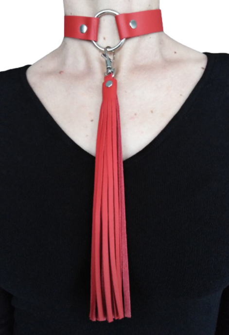 Oryginalny choker ze skóry z odpinanym chwostem - czerwony