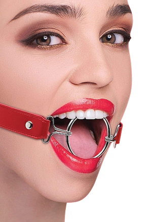Metalowy, otwarty knebel z czerwonym paskiem
