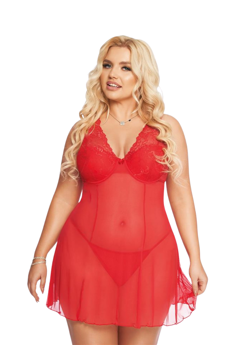 Zmysłowa, czerwona koszulka nocna ze stringami - plus size