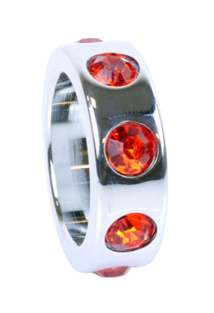 Ozdobny, metalowy ring erekcyjny z czerwonymi diamencikami