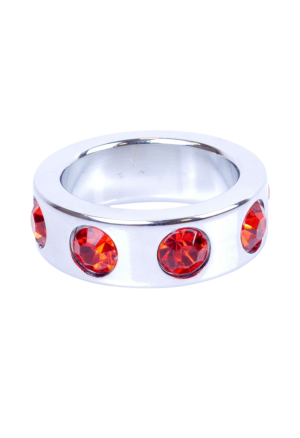 Ozdobny, metalowy ring erekcyjny z czerwonymi diamencikami