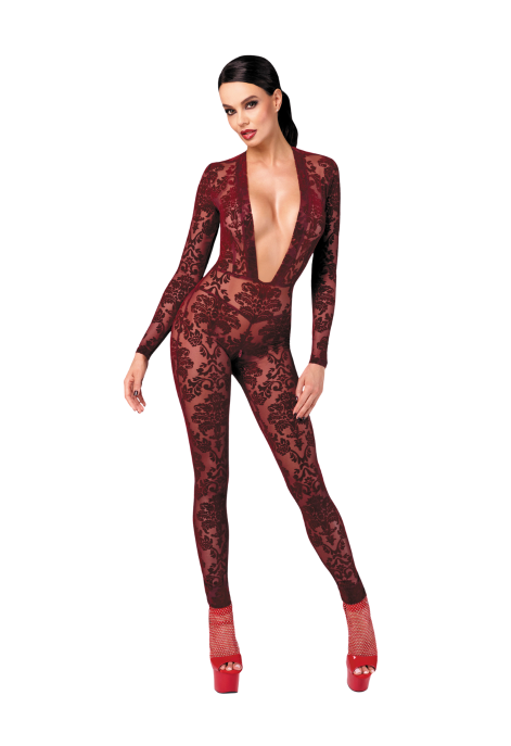 Bordowy kombinezon z tiulu z praktycznym zamkiem w kroku