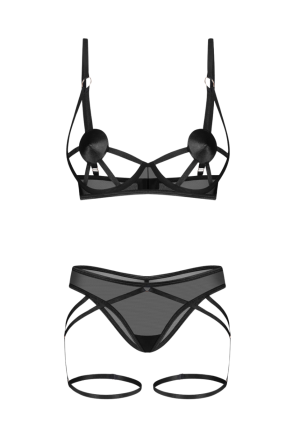 Seksowny komplet z paskami i nasutnikami w kolorze czarnym