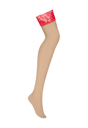 Cieliste pończochy z czerwoną koronką