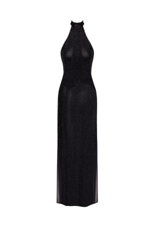 Długa, tiulowa sukienka ze srebrną nitką i głębokim rozcięciem po boku