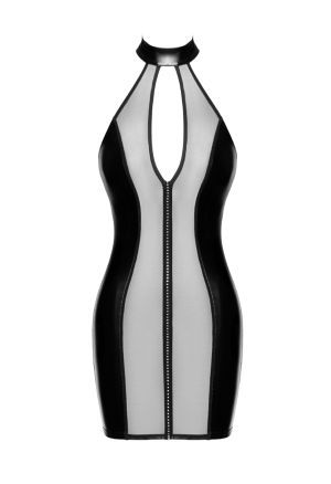 Czarna, mini sukienka z połyskującego powerwetlooku i tiulu z cyrkoniami