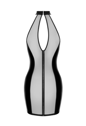 Czarna, mini sukienka z połyskującego powerwetlooku i tiulu z cyrkoniami