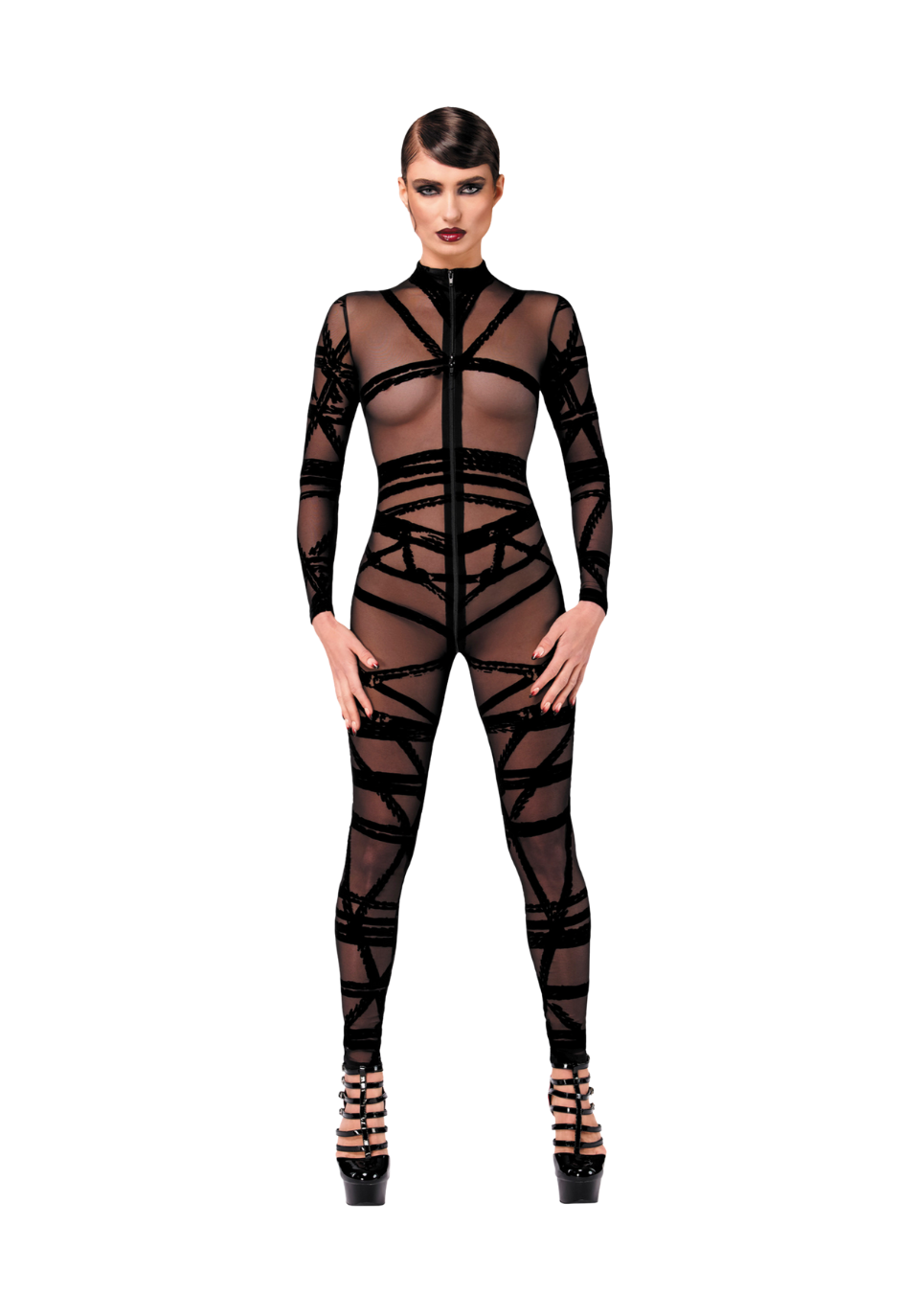 Kombinezon z tiulu flockowanego w stylu Shibari z potrójnym zamkiem Kombinezon z tiulu flockowanego w stylu Shibari z potrójnym zamkiem