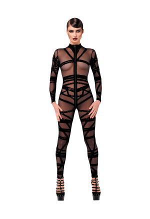 Kombinezon z tiulu flockowanego w stylu Shibari z potrójnym zamkiem