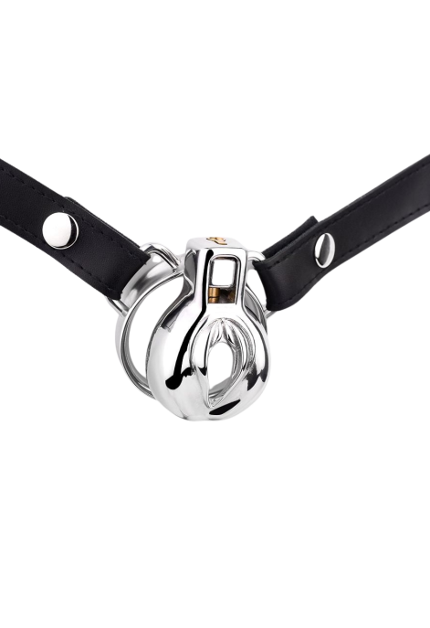 Stalowy pas cnoty w kształcie sromu, z regulowanym paskiem z eko-skóry