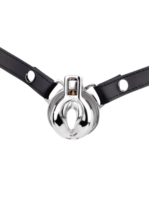 Stalowy pas cnoty w kształcie sromu, z regulowanym paskiem z eko-skóry