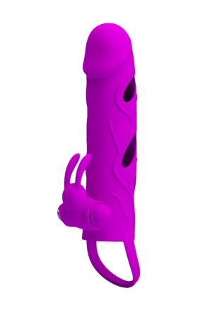 Silikonowa nakładka, przedłużka ze stymulatorem króliczkiem i ringiem na jądra