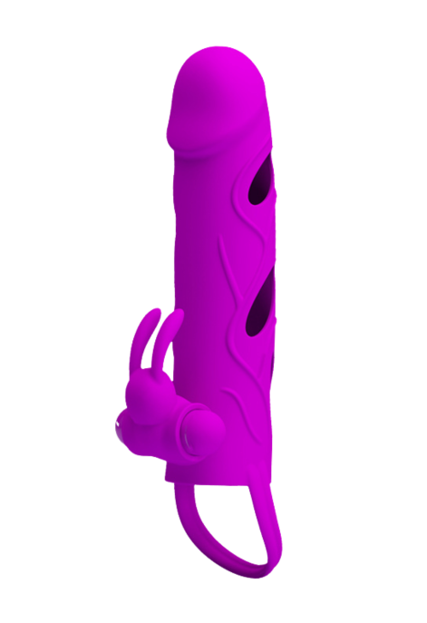 Silikonowa nakładka, przedłużka ze stymulatorem króliczkiem i ringiem na jądra