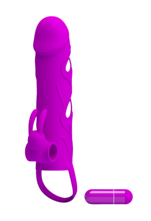 Silikonowa nakładka, przedłużka ze stymulatorem króliczkiem i ringiem na jądra