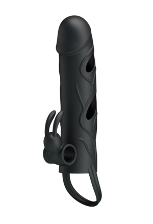 Wibrująca silikonowa nakładka na penisa z króliczkiem i ringiem na jądra